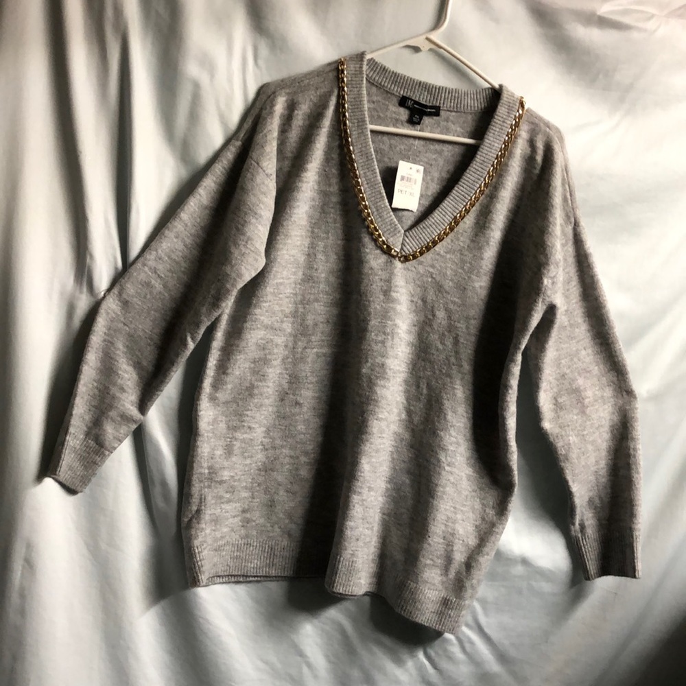 PXL Warm and stylish I.N.C. heather gray sweater V-neck chain decoration tunic